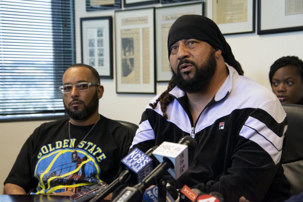 David Harrison speaks alongside Kori McCoy at a press conference on June 26, 2019, to announce a lawsuit against the Vallejo Police Department for the fatal shooting of Harrison's cousin Willie McCoy in February. Photo by Scott Morris